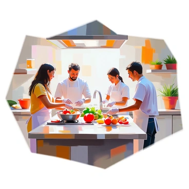 A brightly lit kitchen filled with participants engaged in a cooking class focused on cross-contamination. Several individuals are gathered around a large central island with various ingredients and utensils spread out in front of them. One participant with medium skin tone is chopping vegetables while another is washing their hands at the sink. A third participant is demonstrating proper food handling techniques, wearing gloves and explaining to the others. The kitchen is adorned with colorful pots and herbs, enhancing the lively atmosphere of the learning environment.