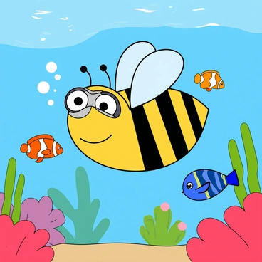 A cartoon-like bee with yellow and black stripes is swimming underwater, surrounded by colorful fish of various shapes and sizes. The bee has big, friendly eyes and is wearing tiny goggles on its head. Bubbles are rising around it as the bee flaps its wings, creating a playful movement. The background features a vibrant underwater scene with coral reefs and plants swaying gently with the currents. Brightly colored fish, including a small clownfish and a shimmering blue tang, are curiously swimming alongside the bee, adding a sense of wonder to the scene.