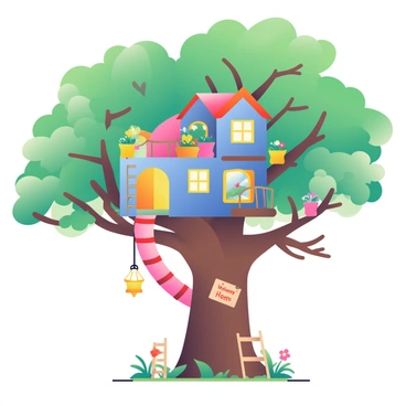 A whimsical treehouse is nestled among the branches of a giant tree with a thick, gnarled trunk and sprawling green leaves. The treehouse is brightly colored, featuring a vibrant blue exterior with yellow and red accents. It has multiple levels connected by wooden ladders, with a spiral slide curving down from the top level. A small balcony with a railing overlooks the surrounding forest, adorned with colorful flower pots. Various whimsical details such as a lantern hanging by the entrance and a wooden sign with the words "Welcome Home" can be seen. Below the tree, the ground is covered with soft grass and scattered wildflowers, enhancing the magical atmosphere.