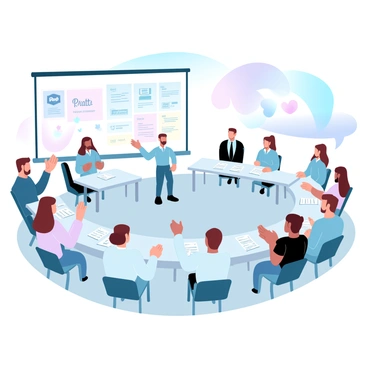 A group of former students is gathered in a well-lit hall at Pratt, engaging in lively discussions about their career experiences. Each individual is dressed in professional attire, reflecting their respective fields of work. One student stands at the front, gesturing as they passionately share insights with the audience. Tables are set up around the room, displaying career-related materials and portfolios. Colorful banners hang on the walls, showcasing the Pratt logo and celebrating the alumni network. A few attendees are taking notes, while others are networking and exchanging contact information. The atmosphere is vibrant and filled with energy.