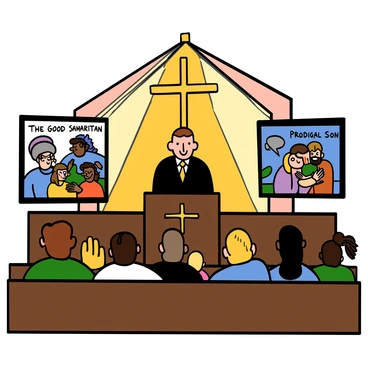 A church interior filled with light, featuring a congregation of diverse individuals sitting in pews, attentively listening to a pastor at the front. The pastor is a light-skinned person with short hair, wearing a black suit and tie. Behind the pastor, there are illustrated slides projected onto a large screen, depicting various parables in vibrant colors. One slide shows "The Good Samaritan," illustrating a scene of a traveler being helped by a Samaritan, while another slide depicts "The Prodigal Son," with a father embracing his son. The atmosphere conveys a sense of community and engagement in the service.