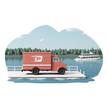A mail truck, painted in bright red with white lettering, is securely parked on the deck of a ferry boat. The truck has large, bold wheels and visible mail decals on its side. In the background, the calm lake reflects the surrounding green trees and blue sky. The ferry boat has a sturdy structure, with railings along the sides, and gentle waves can be seen lapping against it. The scene captures a moment of transportation, with the truck ready to deliver mail across the water.