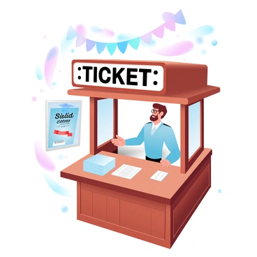 An old-fashioned ticket booth stands prominently, crafted from polished wood and adorned with intricate details. Bright banners in various colors are draped above the booth, fluttering gently in the breeze. The ticket seller is standing behind the counter, dressed in a classic attire, with a welcoming posture as they prepare tickets for customers. A small stack of tickets is visible on the counter, and a retro poster featuring an event is displayed nearby. The scene is lively, capturing the essence of a bustling ticketing area.