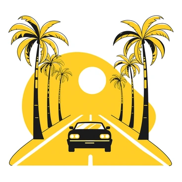 A black car is driving away on a straight road. The road is bordered by tall palm trees that sway lightly in the breeze. The sun is shining brightly, creating distinct shadows of the palm trees on the asphalt. In the background, a clear sky is visible, enhancing the vibrant scene. The car's tail lights glow as it accelerates down the road, leaving a sense of movement and freedom.