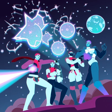 A cosmic battle unfolds in a vast universe filled with shimmering stars and swirling galaxies. In the foreground, a group of heroic figures clad in futuristic armor, each with distinct features and colorful attire, engage in combat. Their expressions reflect determination and valor. Floating around them are ethereal beings made of starlight, their forms shifting and glowing with cosmic energy. The scene captures a vibrant clash of colors as beams of light and energy project from both the heroes and the starry beings, illuminating the dark expanse of space. In the background, nebulas and distant planets add depth to the cosmic landscape, enhancing the sense of scale and grandeur.