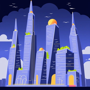 A futuristic cityscape featuring tall, sleek skyscrapers made of glass and steel. The buildings have angular designs with smooth curves and bright neon colors. Some structures are topped with large, glowing domes, while others have terraces filled with greenery. The scene captures the moment when the buildings light up in sequence, with each light turning on in a rhythmic pattern, creating a dynamic visual effect. The sky is a deep twilight blue with scattered clouds reflecting the city lights.