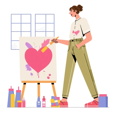 An artist with curly brown hair is standing in a bright studio, holding a paintbrush over a large canvas. On the canvas, a vibrant red heart is taking shape, surrounded by splashes of various colors, including pink, purple, and yellow. Sunlight streams through a large window, illuminating the artist and casting colorful shadows on the floor. Various art supplies, such as paint tubes and brushes, are scattered around the artist, adding to the lively atmosphere of the studio.