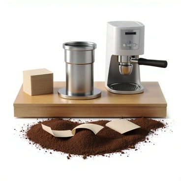 A metallic portafilter with a shiny surface, featuring a handle, sits on a wooden countertop next to a brew station. The brew station includes a sleek coffee machine with a digital display. Surrounding the portafilter, there are scattered coffee grounds, creating a rich, dark brown contrast against the countertop. Several paper coffee filters are neatly stacked nearby, ready for use. The overall scene is organized, with a focus on the tools of coffee brewing.