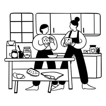 Frances and a friend laughing while making sandwiches with bread and jam in a cozy kitchen.