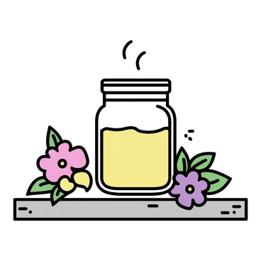 A "mason jar" filled with "bee balm tea" sits prominently on a "rustic wooden table." The jar has a simple metal lid, and steam gently rises from the tea's surface, indicating warmth. Surrounding the jar are "fresh flowers" in varying colors, including bright pinks and purples, along with "green herbs" such as mint and basil. The table has a weathered texture, enhancing the rustic feel, and the arrangement creates a natural, cozy atmosphere.