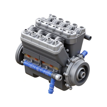 A detailed cutaway of a diesel engine showcasing various components. The engine is displayed in a three-dimensional view, highlighting the cylinders, pistons, and crankshaft. Each part is clearly labeled with annotations describing their function. The fuel injectors are visible, illustrating their placement within the engine. The cooling system components, including the radiator and hoses, are also included in the cutaway. All elements are rendered with realistic textures to emphasize the metallic surfaces and engine details.
