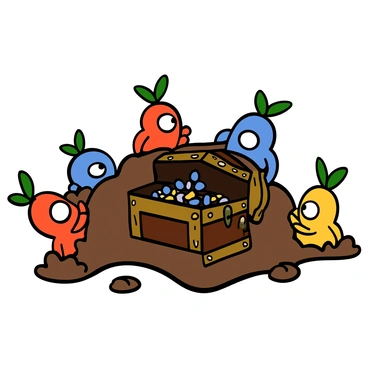 A group of small, colorful Pikmin with big eyes are digging excitedly around a treasure chest partially buried in the ground. The Pikmin are various shades of red, blue, and yellow, with their distinctive leaf and bud features on their heads. They are using their tiny hands to push dirt aside, creating small mounds around the chest. The treasure chest is wooden with rusted metal accents, slightly open to reveal sparkling jewels inside. The scene is lively, showcasing the energetic efforts of the Pikmin as they work together to uncover the treasure.