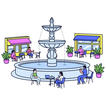 An elegant main fountain in a city plaza with intricate stone carvings. Water cascades gracefully from the top of the fountain into a circular basin below. Surrounding the fountain are several outdoor cafes with small round tables and chairs, where people are seated enjoying drinks. Boutique storefronts with colorful awnings and display windows line the plaza, showcasing various goods. Lush potted plants are strategically placed around the fountain, adding greenery to the scene.