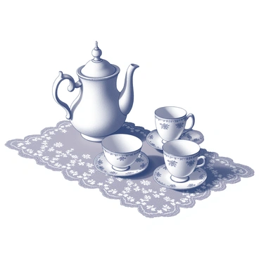 An ornate vintage tea set with a delicate floral pattern on a lace tablecloth