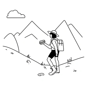 A hiker standing on a rocky mountain trail, holding a bratwurst sandwich in one hand. The hiker is wearing a backpack and a wide-brimmed hat, with hiking boots on their feet. They have short hair and are smiling as they look out at the expansive view in front of them. The background features tall mountains and a clear sky, with a few scattered clouds. The hiker's other hand is resting on their hip, and there are patches of grass and small rocks along the trail.