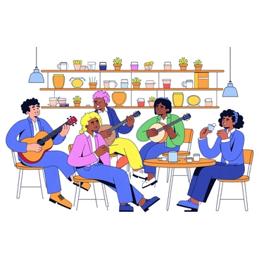 A small band consisting of three musicians is performing in a cozy coffee shop. One musician plays an acoustic guitar, while another plays a light percussion instrument, and the third sings into a microphone. The background features wooden shelves filled with coffee cups and small potted plants. Several patrons are seated at round tables, sipping their drinks, and some are engaged in conversation while others are focused on the band. Warm light from hanging lamps creates a welcoming atmosphere in the shop.