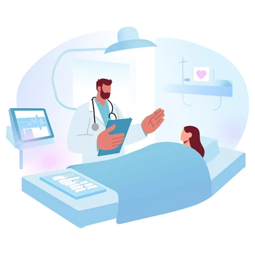 A doctor in a white coat is standing beside a hospital bed, examining a patient. The doctor is holding a medical clipboard and looking attentively at the patient, who is lying on the bed with a blanket covering them. Medical equipment is visible nearby, including a heart monitor with a flat-screen display showing vital signs. The walls of the emergency room are painted in soft pastel colors, creating a calming atmosphere. Numerous medical instruments are neatly organized on a tray next to the bed. A bright overhead light illuminates the scene, ensuring the area is well-lit for the medical examination.