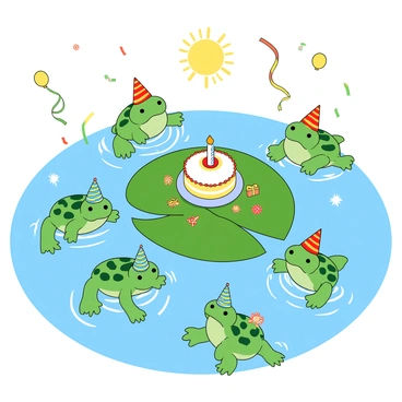 A group of cheerful tadpoles swimming together in a clear blue pond. Some tadpoles are wearing little party hats in bright colors like red, yellow, and green. Colorful streamers and balloons are floating above the water, adding to the festive atmosphere. A small cake with a single candle is placed on a lily pad, surrounded by tiny party favors. Some tadpoles are playfully splashing water while others gather around the cake, excitedly looking on. The sun is shining brightly, casting sparkling reflections on the water's surface.