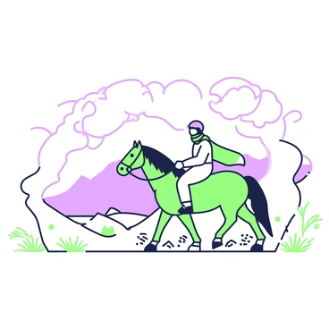 A lone rider on horseback is navigating through a swirling sandstorm in a desolate desert landscape. The rider is wearing a protective scarf around their face, shielding against the sand. The horse, with a strong build, is striding confidently through the storm. Whirlwinds of sand rise around them, obscuring the distant dunes and creating a sense of isolation. The sky above is filled with swirling clouds of sand, enhancing the dramatic atmosphere of the scene. In the background, faint outlines of parched ground and distant hills are barely visible through the heavy sand.