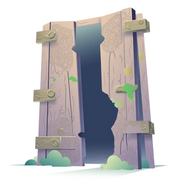 A large, ancient door made of weathered wood stands prominently in the center of the image. The door features intricate carvings depicting mythical creatures and ornate patterns. It is slightly ajar, creating a narrow opening that reveals a glimpse of a dark hallway beyond. The door's surface is cracked and has patches of moss, indicating its age. Soft light filters through the opening, casting gentle shadows on the ground in front of the door, enhancing the sense of mystery and inviting exploration.