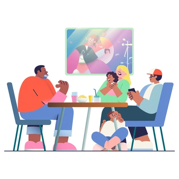 A family of four is seated around a wooden dining table, their faces illuminated by the colorful glow of a holographic display projecting a concert. The father, with short dark hair, is leaning forward, captivated by the performance. The mother, with long blonde hair, is smiling and clapping her hands in excitement. A young girl with curly brown hair is sitting cross-legged on her chair, her eyes wide with wonder, while her older brother, sporting glasses and a baseball cap, holds a handheld device, adjusting settings for the hologram. The table is adorned with snacks, including a bowl of popcorn and drinks in colorful cups. The room is softly lit, creating a cozy atmosphere as the music fills the air.