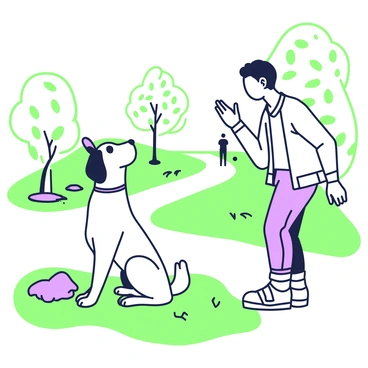 A well-behaved dog is sitting obediently on a patch of grass in a park. The dog has a shiny coat and attentive ears, looking up at its owner. The owner is standing nearby, wearing a casual outfit, with one hand raised, giving a command. Surrounding them are trees with leaves, and a path winding through the park is visible in the background. There are a few scattered benches, and a distant figure is walking along the path.
