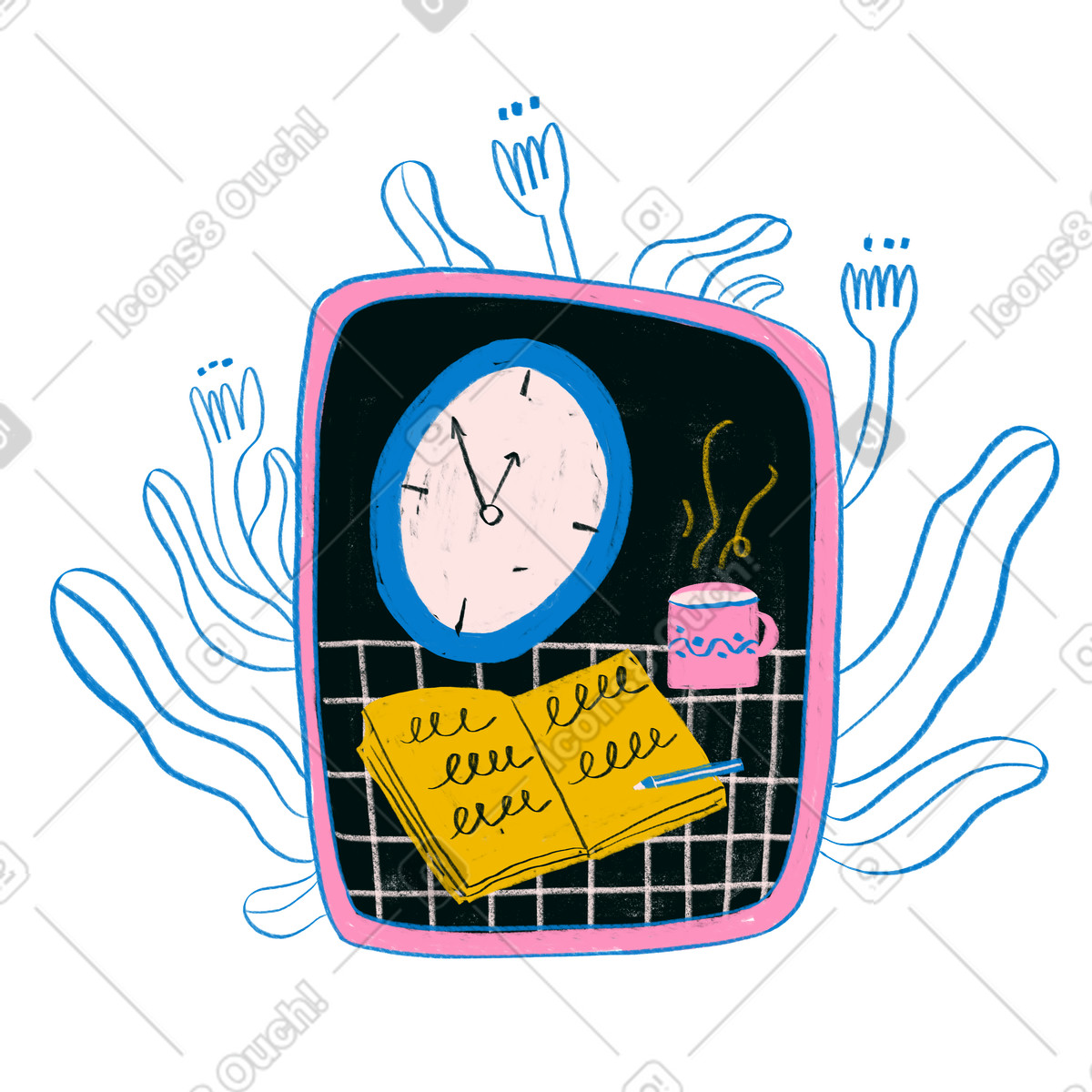 Uhr, notizbuch und tasse auf einem tisch in rahmen mit blumen-Illustration im Experimental-Stil als Download PNG, SVG