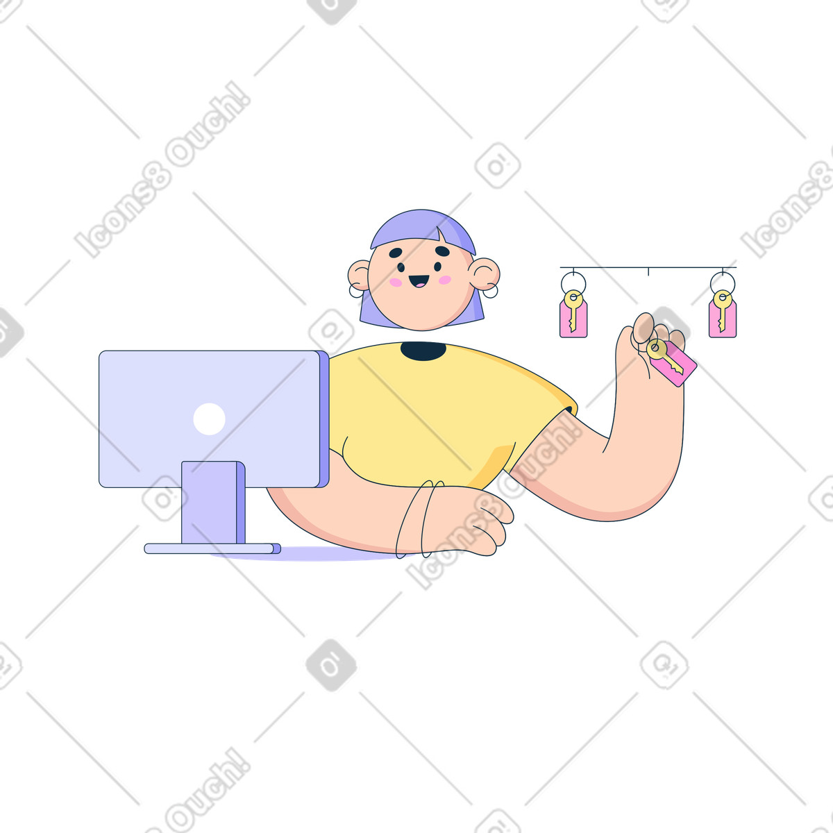 Ilustração de Mulher na recepção do hotel detém uma chave em no estilo Bubble gum para baixar em PNG, SVG