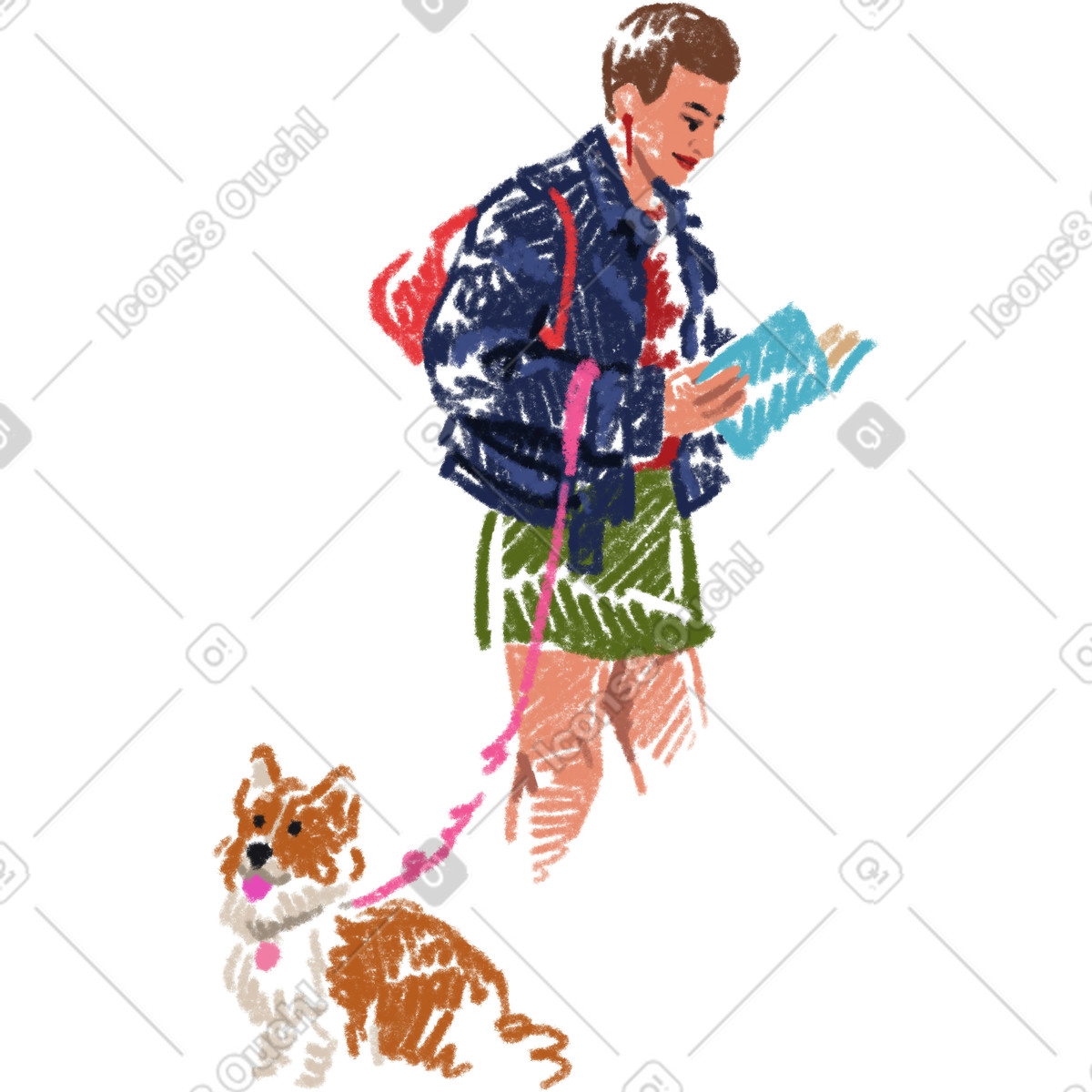 下载 Sketchbook 风格的 Woman with a dog reads book 插画，支持 PNG、SVG 格式