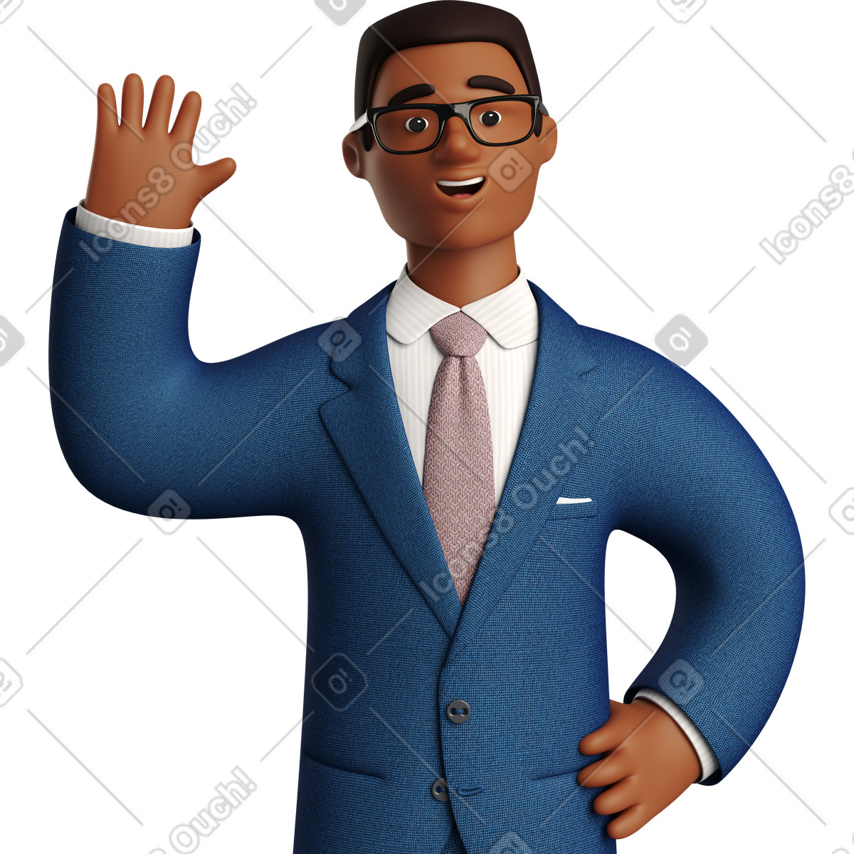 Ilustração de Black businessman in blue suit waving hello em no estilo 3D Business para baixar em PNG, SVG
