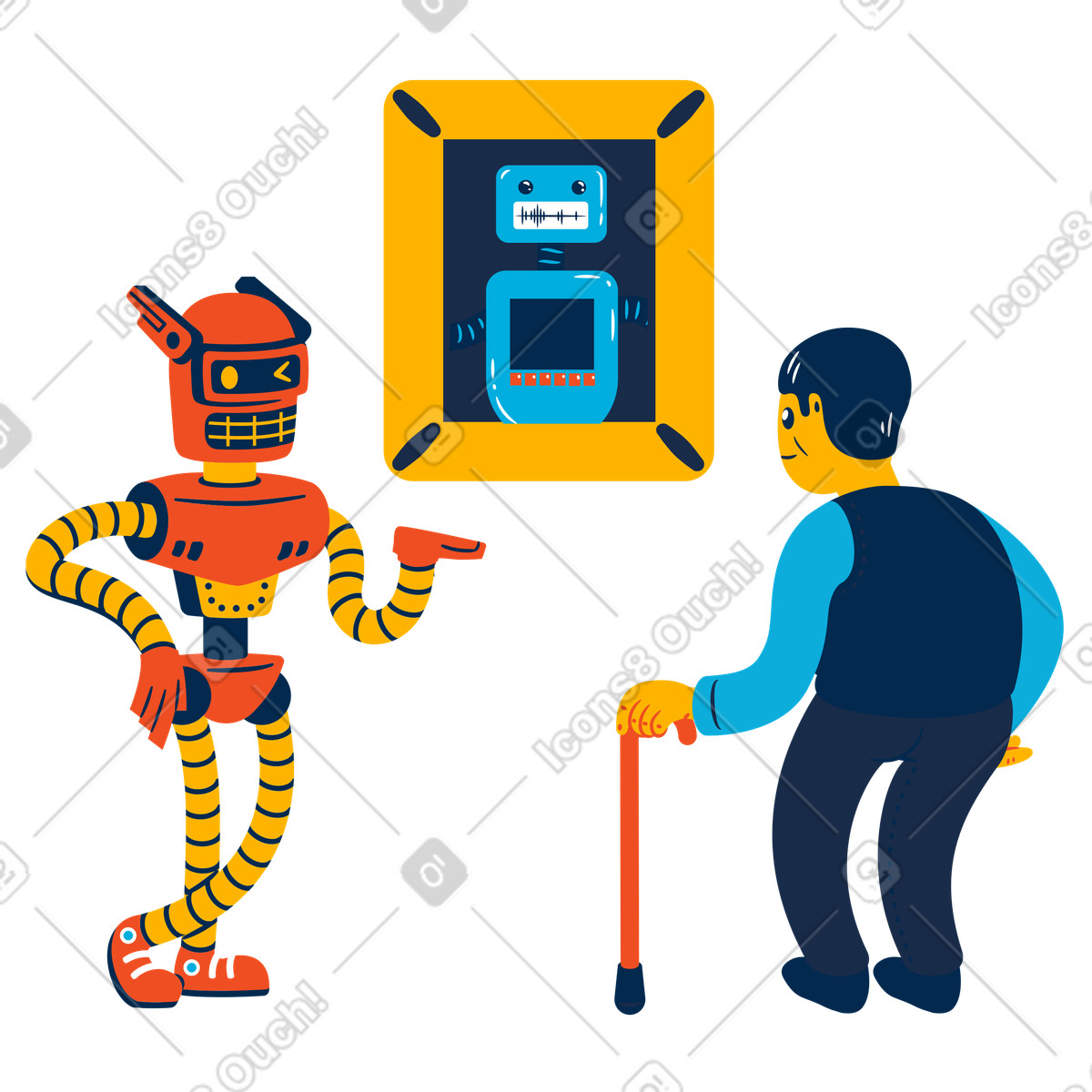 Robot guide showing man a painting of robot illustration in PNG, SVG