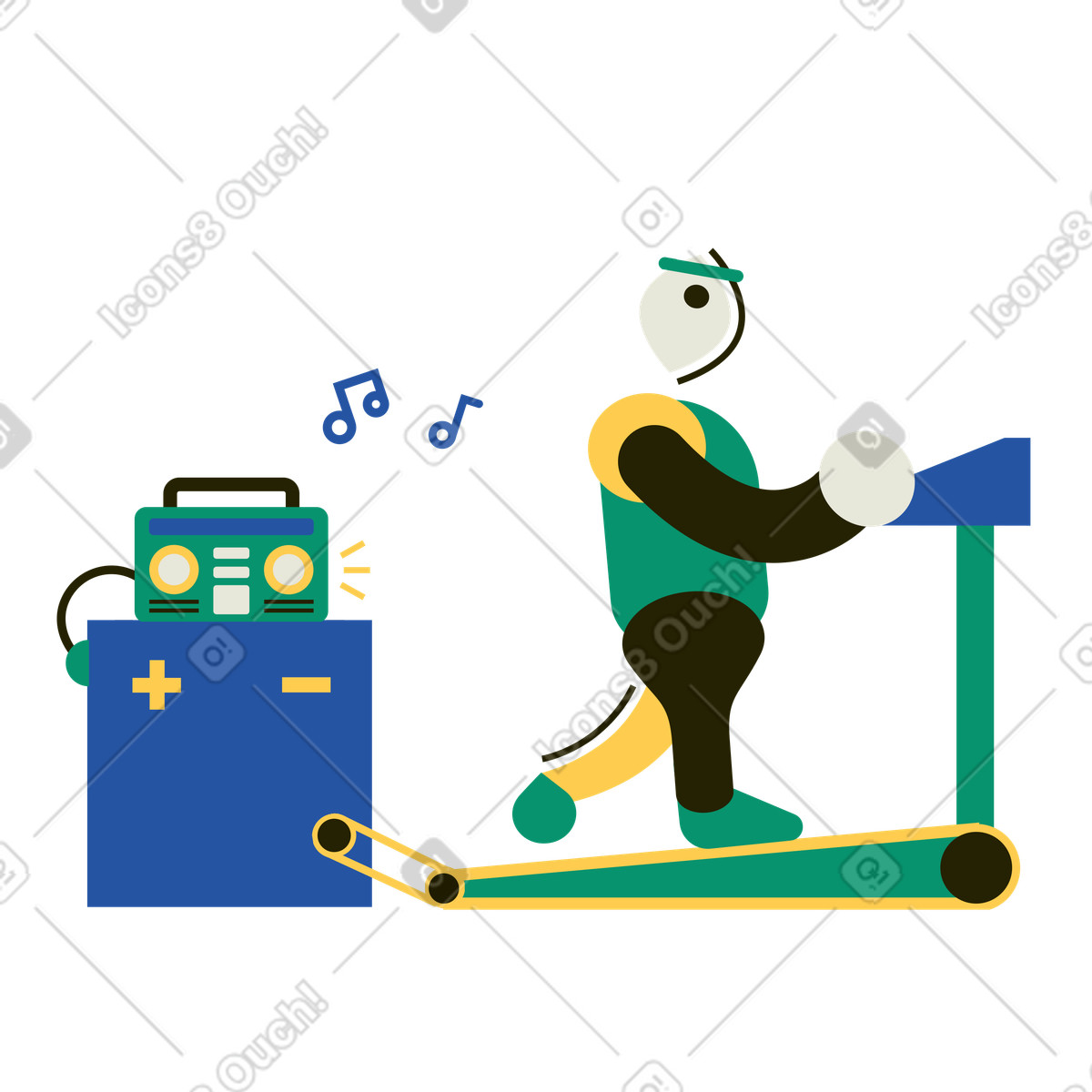 Mann läuft auf laufband, um batterie aufzuladen-Illustration im Spot-Stil als Download in PNG, SVG