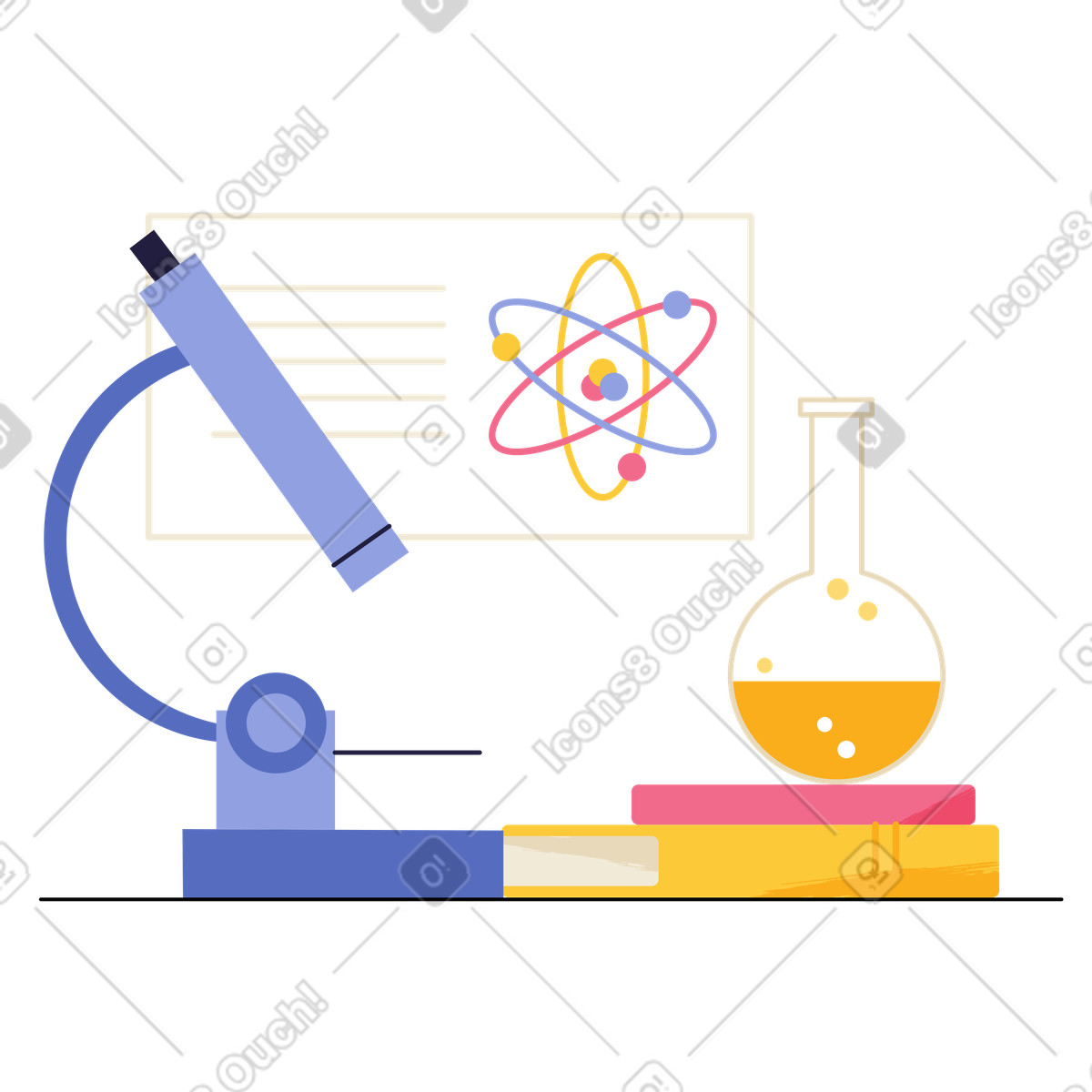 Microscope and chemistry flask on desk, Scientific research illustration in Juicy style download in PNG, SVG