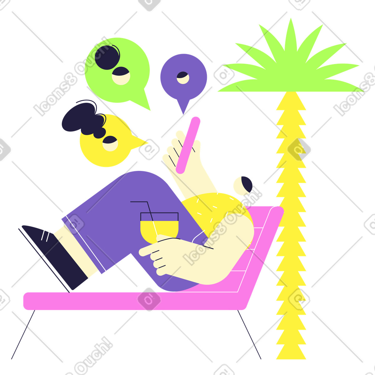 Man sitting on a beach and having zoom meeting illustration in Mellow style download in PNG, SVG