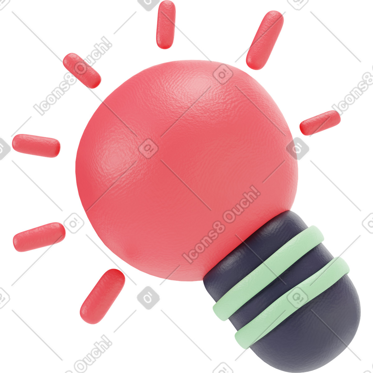 Switched on red light bulb illustration in 3D Stripy style download in PNG, SVG