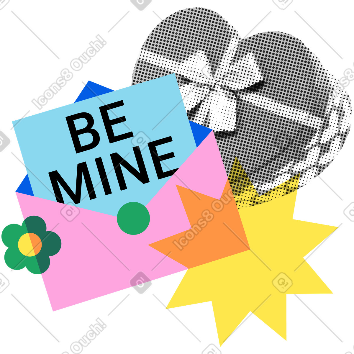 Be mine note in envelope and heart shaped box illustration in PNG, SVG