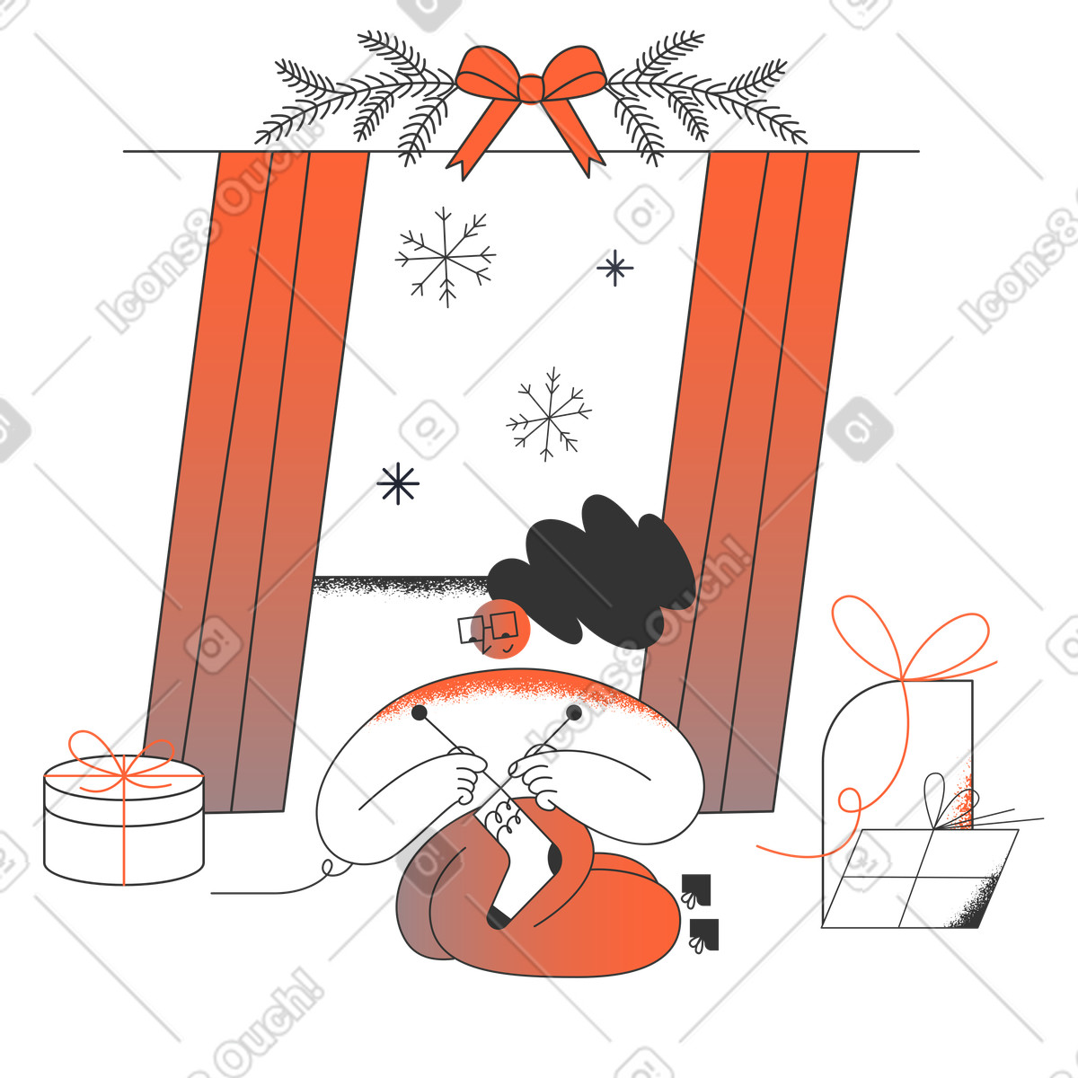 Knitting socks with wrapped gifts, Festive winter crafts and celebration illustration in Crayon style download in PNG, SVG