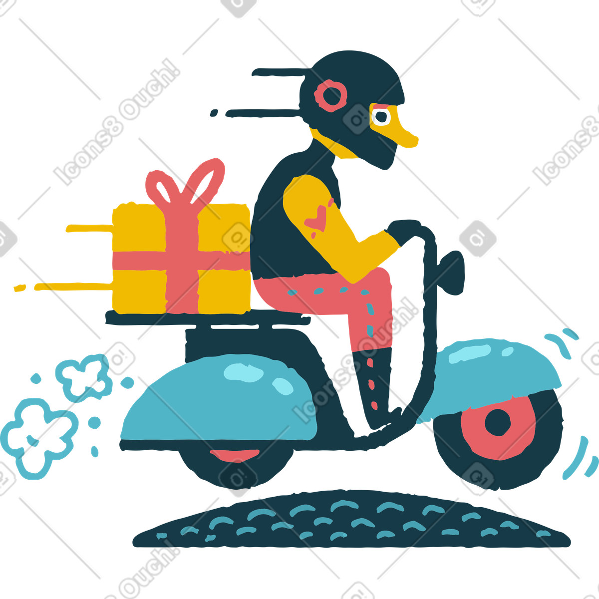 Ilustração de Uma pessoa andando scooter com um presente nas costas em no estilo Flamenco para baixar em PNG, SVG