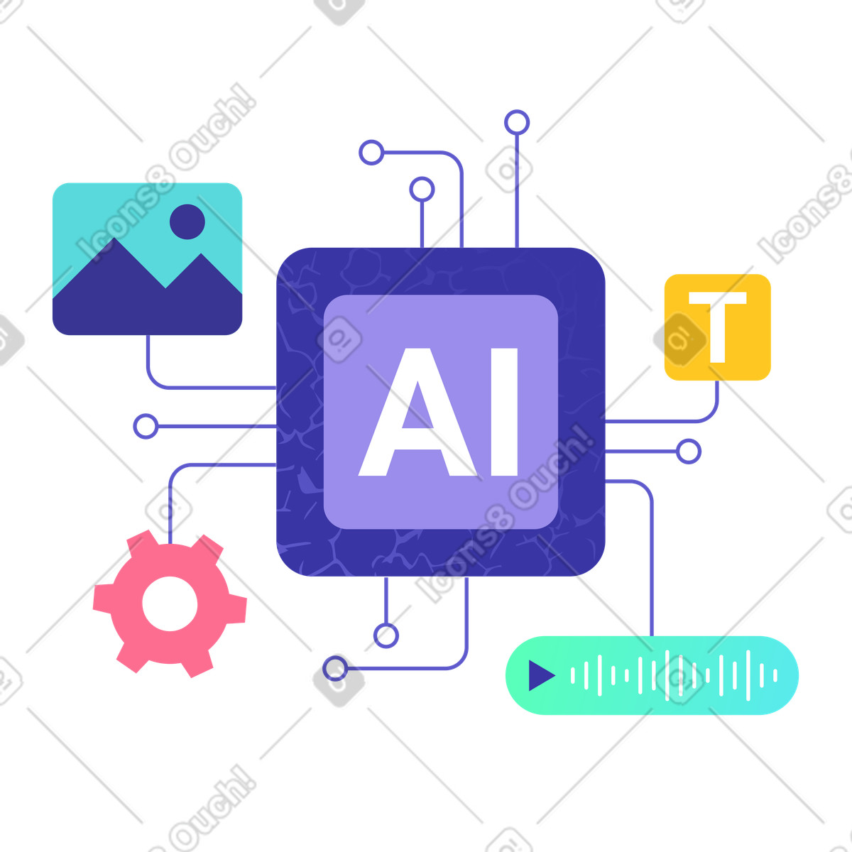 AI chip with multimedia icons, Machine learning and automation illustration in PNG, SVG