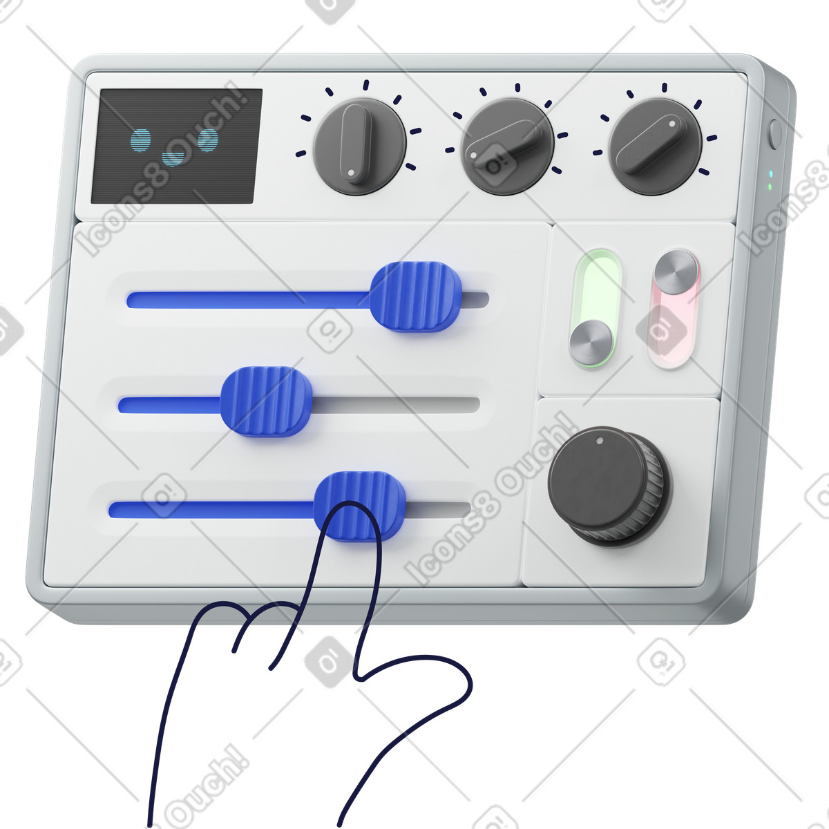 Ilustración Mesa de mezclas con controles deslizantes y diales, control audio edición sonido, configuración ajustes del sistema en estilo 3D Surfaced a descargar en PNG SVG