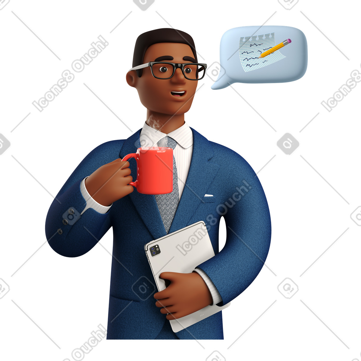 Uomo d'affari che tiene tazza di caffè e dà note illustrazione in stile 3D Business scarica in PNG, SVG