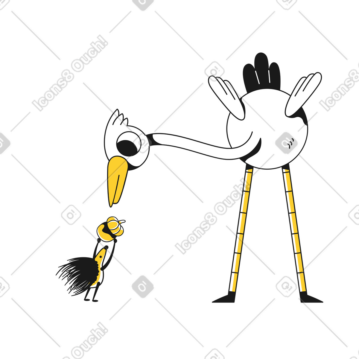 Ilustración Erizo compartiendo comida con una garza en estilo Taxi a descargar en PNG y SVG