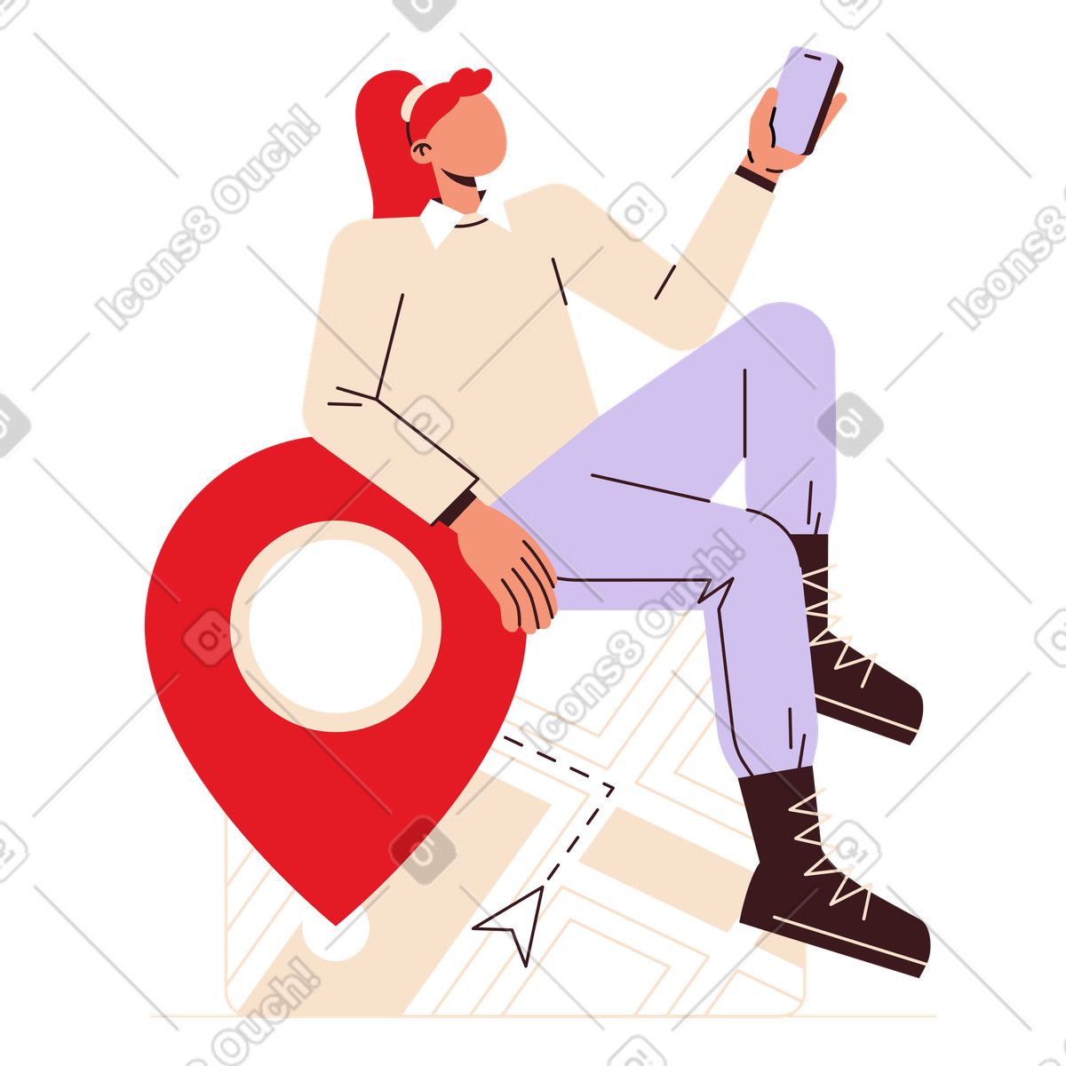 Ilustración Smartphone user sitting on map with location pin, digital wayfinding or services en estilo Folks a descargar en PNG y SVG