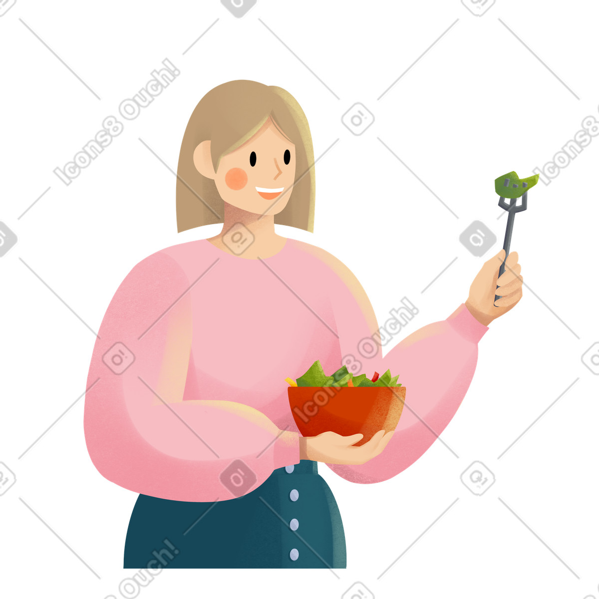 Giovane donna in maglione rosa che mangia insalata illustrazione stile Shine scarica PNG, SVG