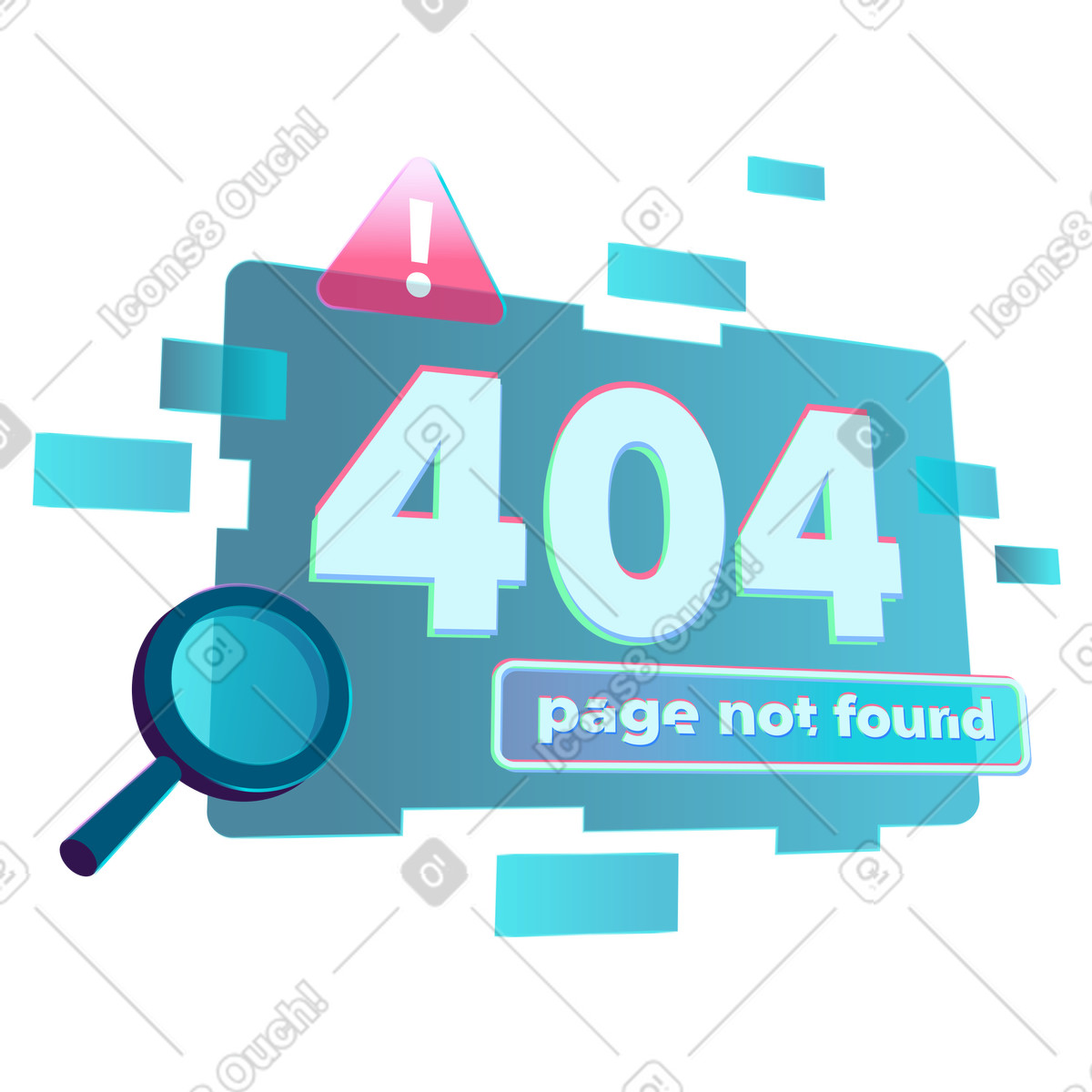 Holographic Error 404 popup with magnifying glass, Broken link or web maintenance illustration in Neon style download in PNG, SVG