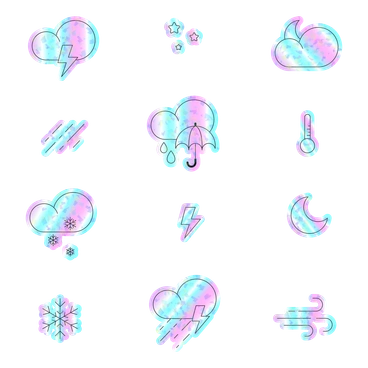 Weather icons including clouds, rain, and lightning - Holostickers style illustration