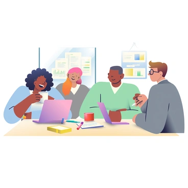 A diverse group of five office team members is gathered around a wooden table, sharing a laugh over cups of coffee. One person, a woman with curly black hair wearing a light blue blouse, is holding a white mug while leaning slightly forward, her face lit up with a smile. A man with short brown hair and glasses is sitting across from her, wearing a casual grey sweater, and is also holding a coffee cup, his eyes sparkling with joy. On the table, there are multiple laptops open, showing various spreadsheets and documents. Scattered among them are colorful notebooks and pens, with one notebook featuring a bright yellow cover. In the background, a window allows natural light to pour into the office, illuminating the scene.