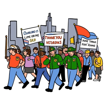 A scene depicting a peaceful march in an urban setting. A diverse group of veterans is walking together, proudly holding flags and signs that express gratitude. The flags flutter in the gentle breeze, showcasing various designs. The veterans are wearing uniforms adorned with medals, some wearing caps with insignia. They display a sense of pride and camaraderie as they march forward. In the background, skyscrapers loom, and there are people observing the march with smiles, showing support and appreciation. The atmosphere is vibrant and filled with a sense of unity and respect.