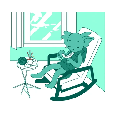 A teal house-elf with large, expressive ears is sitting on a white rocking chair. The rocking chair is gently swaying back and forth. Dobby has a ball of green yarn and is knitting a small white scarf. Sunlight filters through an open window, casting soft shadows in the room. A small white table beside the chair holds a cup of tea and a few colorful knitting needles. The atmosphere conveys a sense of tranquility as Dobby enjoys the peaceful day.