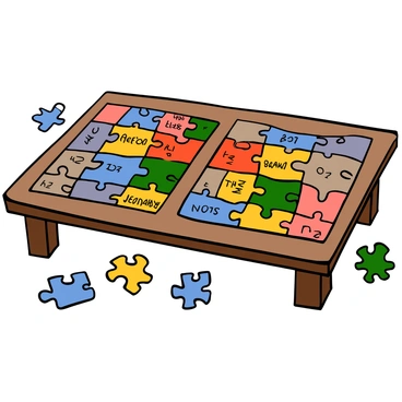 Two sets of colorful jigsaw puzzle pieces scattered on a wooden table. Each set consists of pieces that will form the word "Jeopardy" when fully assembled. The puzzle pieces have bright colors like blue, yellow, red, and green, with some pieces featuring fun patterns and designs. The table has a light sheen, reflecting the colors of the puzzle pieces, and there is a soft light illuminating the scene, enhancing the vibrant colors.